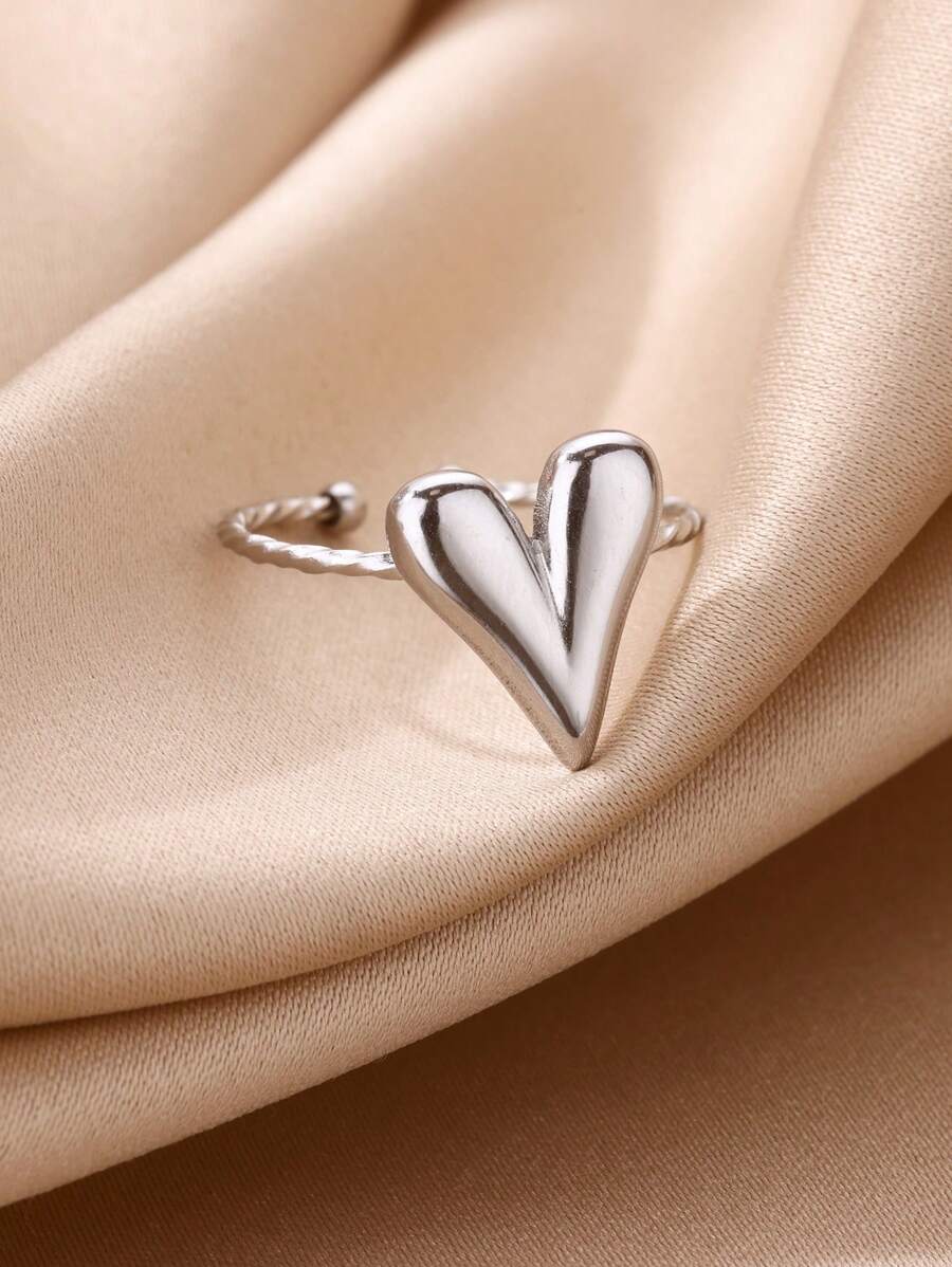 Bague Ouverte En Forme De Cœur En Acier Inoxydable Argenté, Doux Et Polyvalent, Style Européen Et Américain, Adapté À Un Usage Quotidien Des Femmes, 1 Pièce