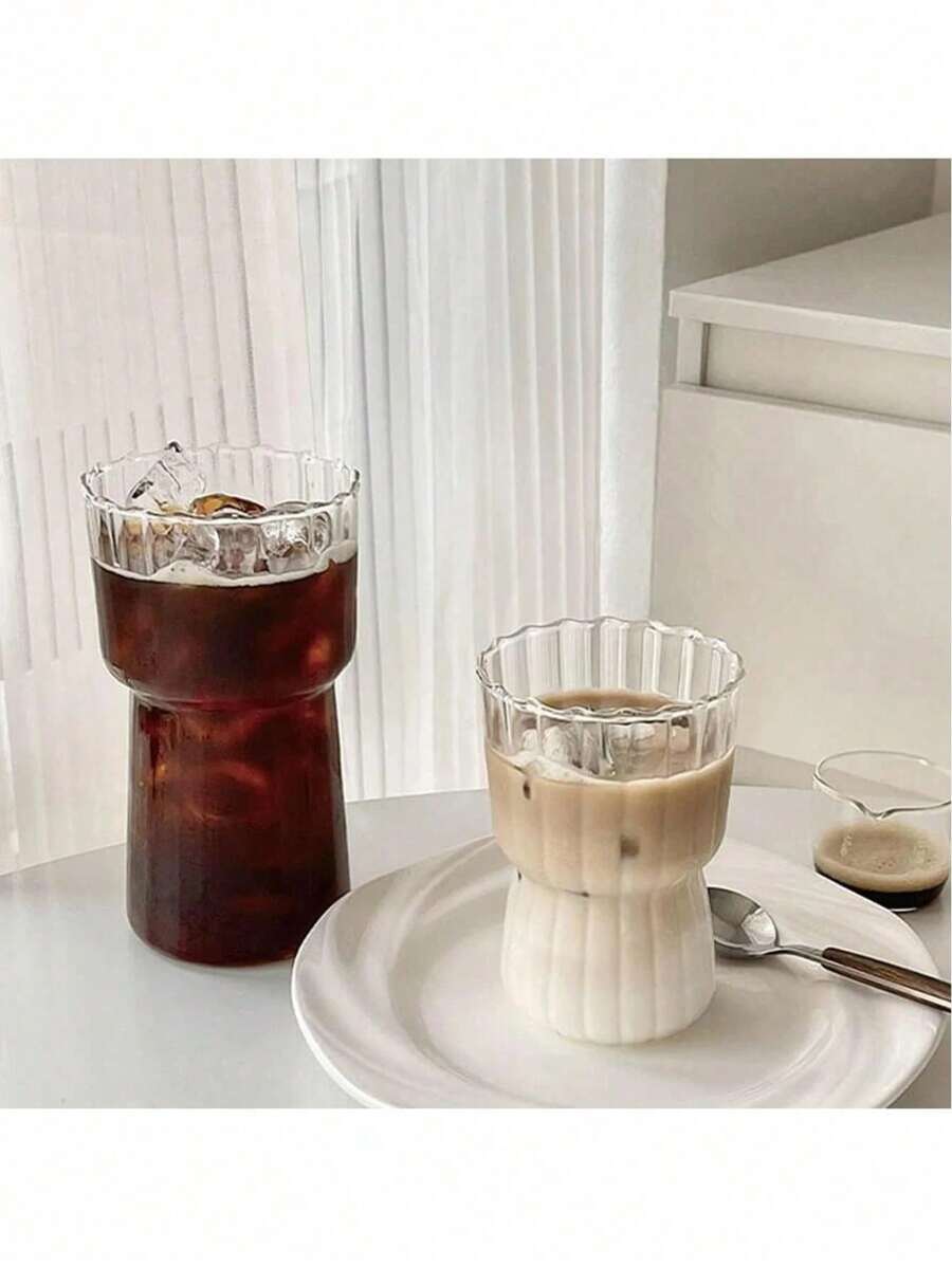 1PC Striped Minimalist Glass Cup, Transparent Iced Americano Coffee Cup, High-Quality Creative Breakfast Milk Cup - Milk Tea Cup, Cocktail Cup, Juice Beverage Cup, Fruit Tea And Flower Tea Cup, Ice Cream Cup, Soda Water Cup, Coffee Cup, School Supplies, Kitchen Tools, Suitable For Office, Restaurant Use