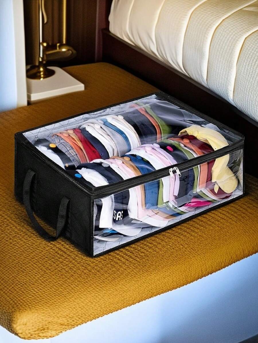1pc Minimalist Transparent Visible Doll Clothes/Socks Multifunctional Foldable Underbed Storage Box, Hat Hanging Bags