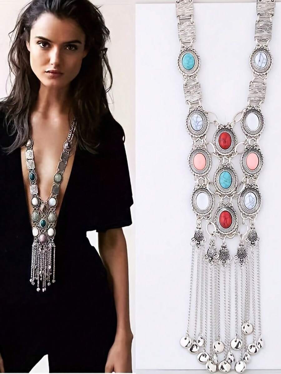Bohemian Style Long Necklace With Fashionable Tassel Pendant, Multi-Layered Body Chain