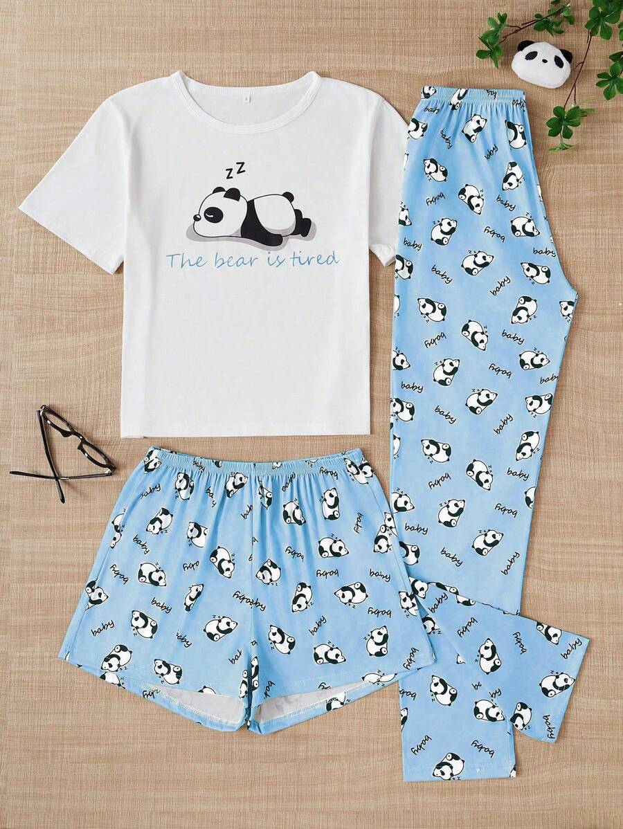 Conjunto de pijama de 3 piezas con estampado de panda, que incluye camiseta de manga corta de cuello redondo, shorts de cintura elástica, pantalones casuales, ropa de dormir y de estar en casa cómoda para mujer