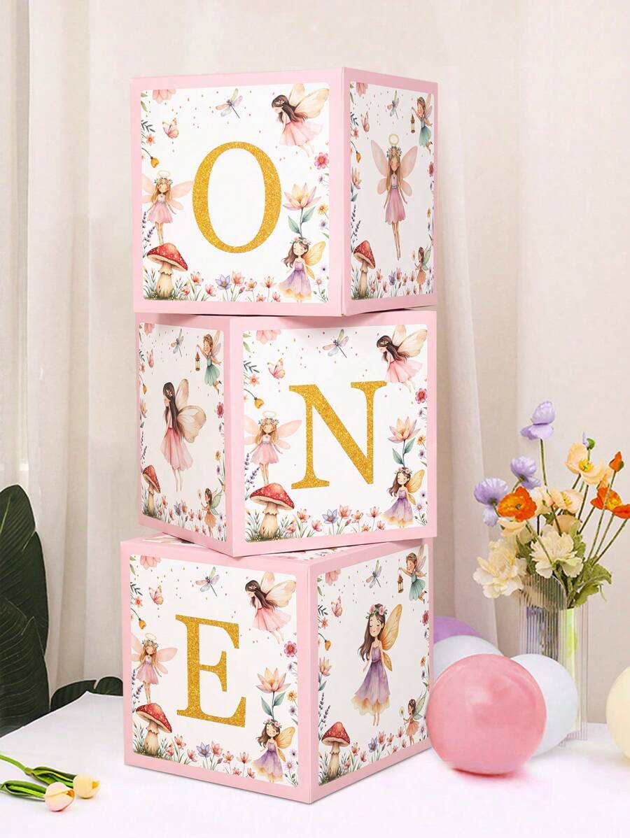 3Pcs Floral Fairy Theme One Year Old Balloon Box,1st Birthday Party Decorative Box,Birthday Party Favor Box,Gift Box,1st Birthday Party Favors,Floral Fairy Theme Birthday Party Background Decoration,Birthday Decorative Cardboard Box,Babeshower Decor,Gender Reveal Party Supplies,Birthday Photo Props,Home Decor,Room Decor