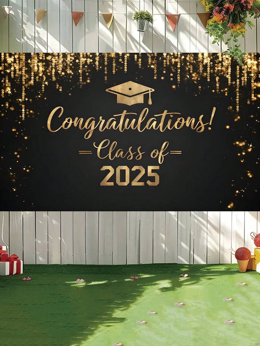 1pc Luxury Black & Gold 2025 Graduation Party Backdrop - High-End Sparkle Plaid Design, Modern Style Photo Background Hanging Cloth, Polyester Material, No Electricity Needed, Applicable For Photo Booth And Cake Table Decor, Indoor & Outdoor Use, Multiple Sizes Available, Graduation Ball Party, Party Decor, Home Decor