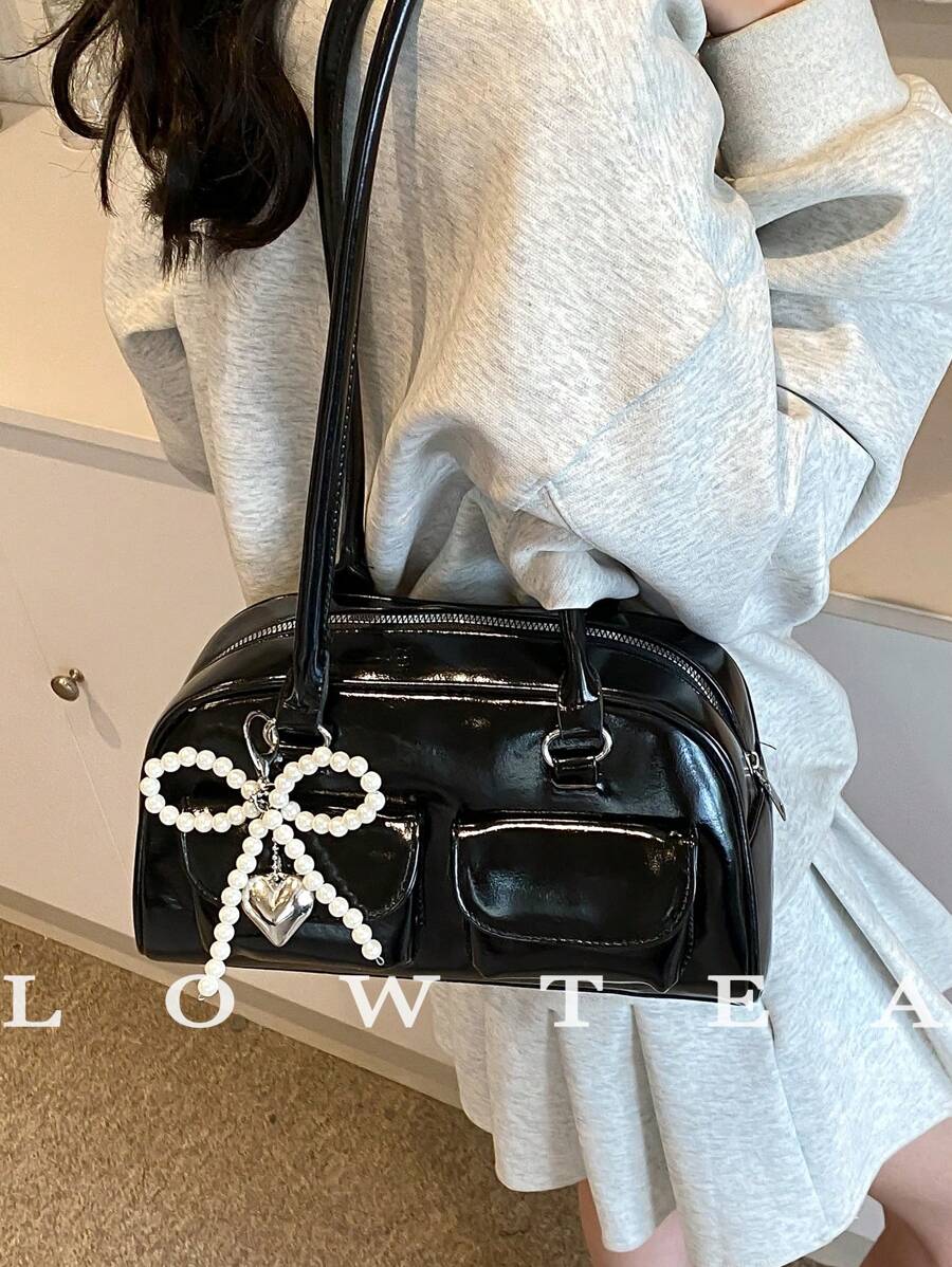 New Fashion Classic All-Match Solid Color PU Waterproof Fabric Women's Handbag, Beaded Bow Decoration Design Large Capacity Shoulder Bag, Shell Bag, Women's Wallet, Suitable For Shopping, Commuting, Travel Use, Street & Japanese Bag For Women