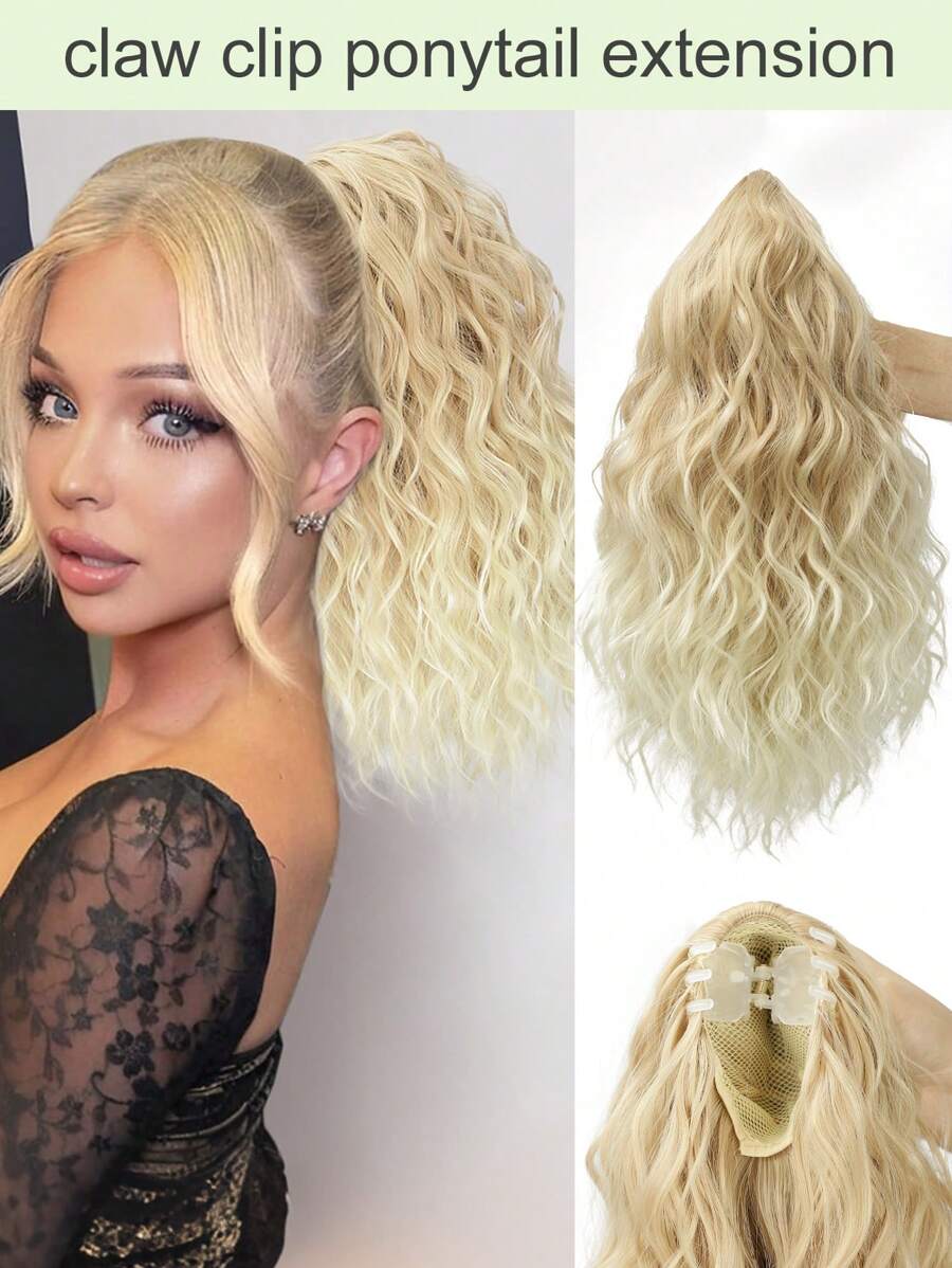 Extensión de cola de caballo, extensión de cabello sintético suave y natural de 16" con pinza de garra para uso diario de mujeres (Rubio)