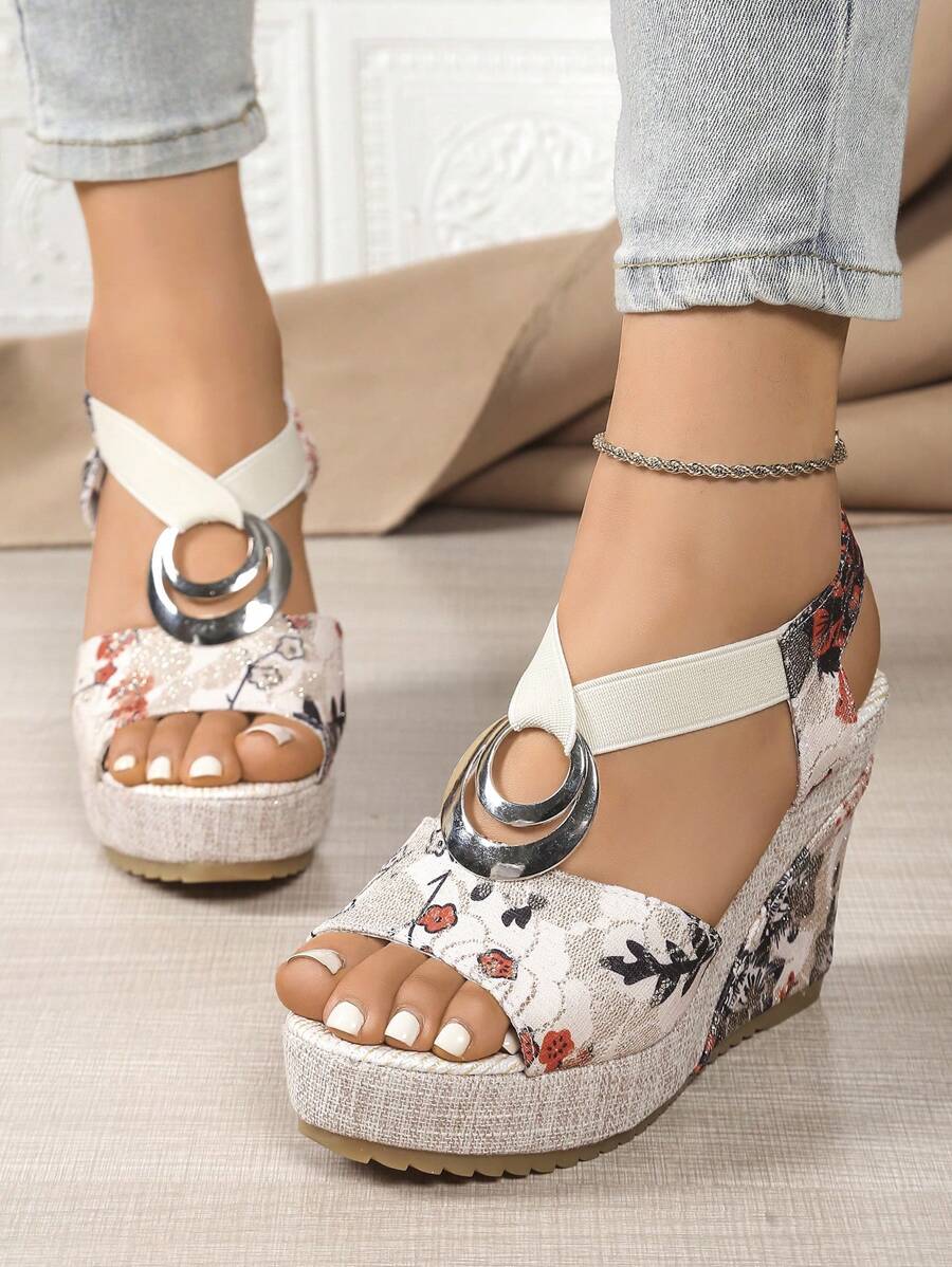 2024 New European Women Wedge Thick Sole Sandals, Spring Summer Outdoor Versatile Buckle Sandals, Model Stage Sexy Shoes, Color Block Floral Beach Casual Slippers, Comfortable Open Toe Shoes, Green Floral Print Platform Sandals For Petite