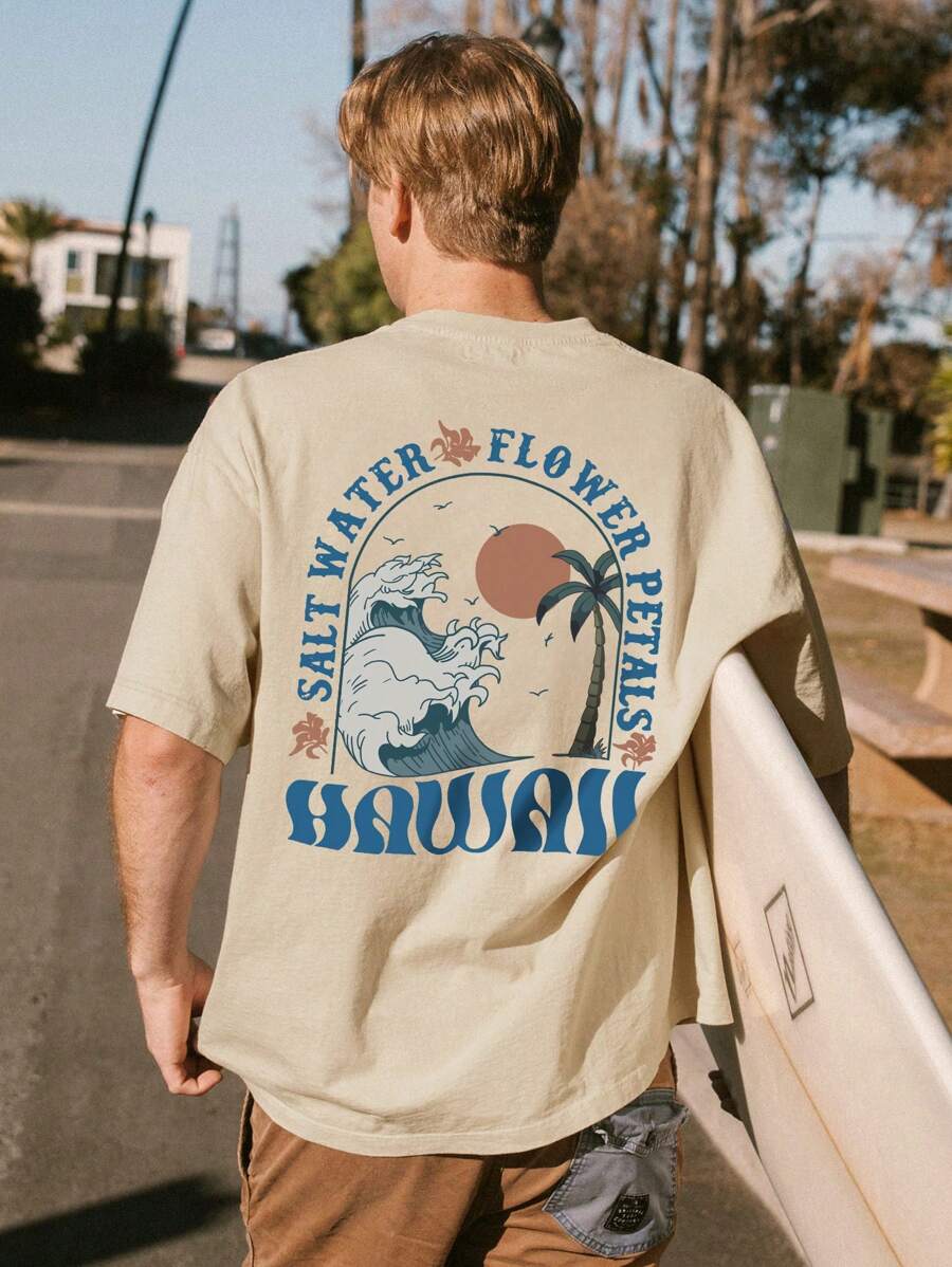 Men's Casual Vacation Palm Tree & Slogan Print Short Sleeve T-Shirt, Suitable For Summer, Breathable & Comfortable, Design