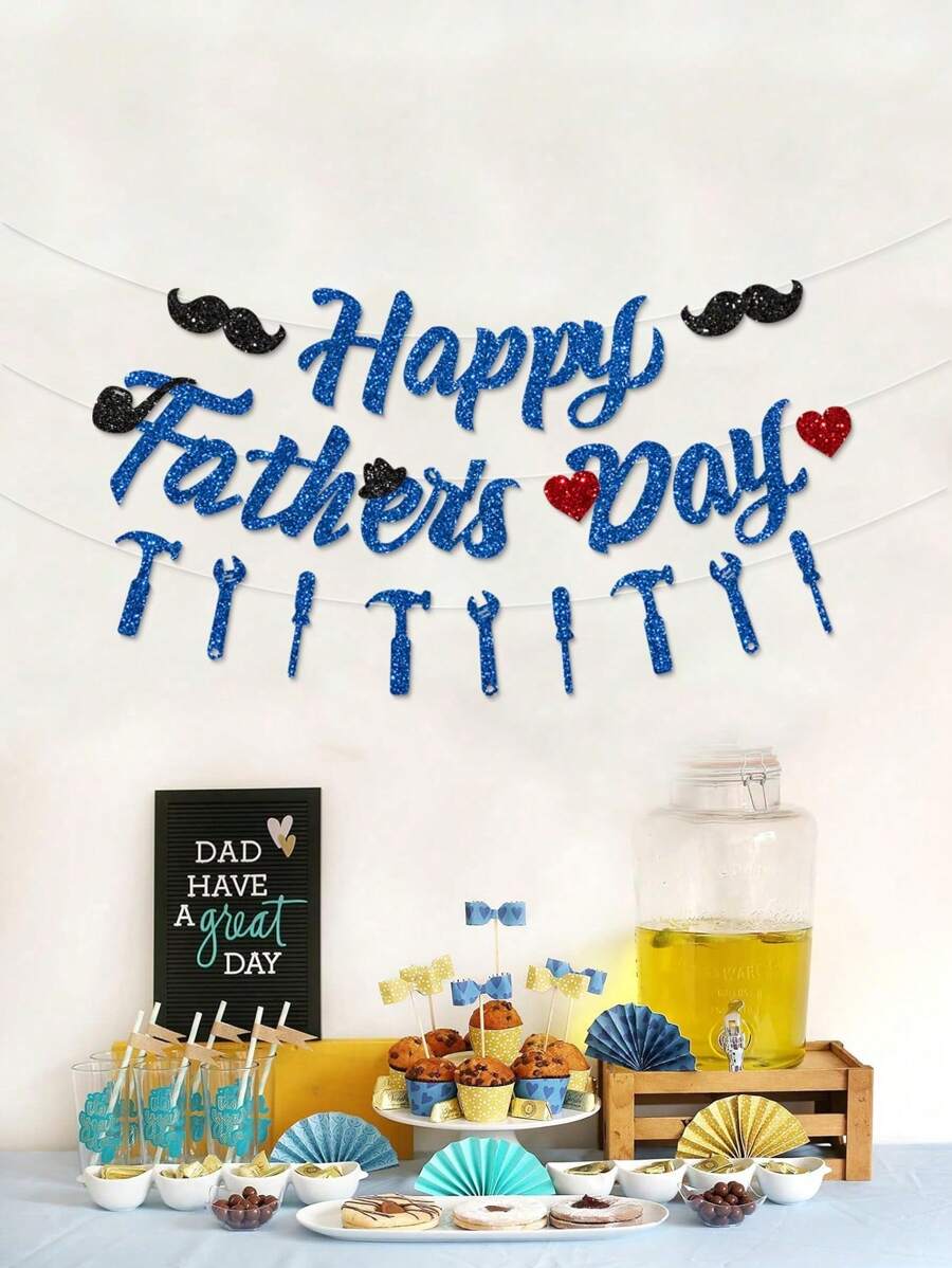 1pc Blue Glitter "Happy Father's Day" Banner With Beard, Wrench, Pipe And Top Hat Pattern, Party Decoration