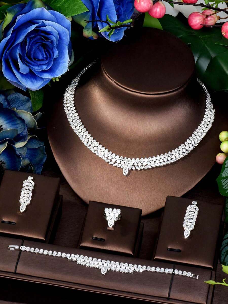 1 conjunto de joias de nicho elegante estilo francês com zircônia cúbica incrustada para festa de casamento, conjunto de joias para noite, colar, brincos, pulseira, 4 peças