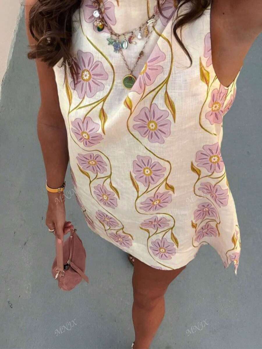 Abito corto bohémien elegante con stampa, da donna, ideale per le vacanze