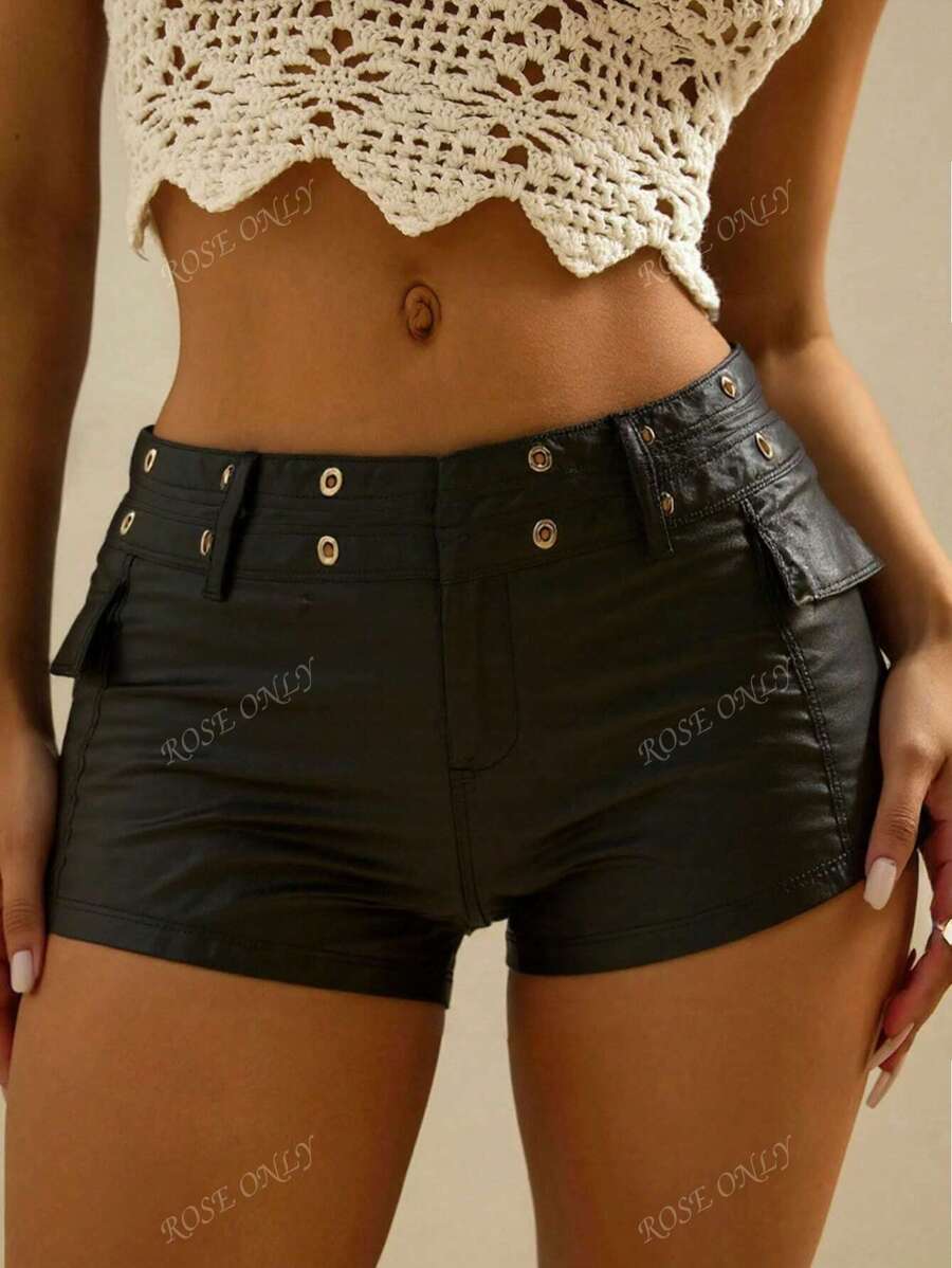 Women's Black High Waist Eyelet Metal Decor Fashion PU Summer Elastic Tight Shorts, Suitable For Nightclub Parties, Daily Outfits, Concert Music Festival