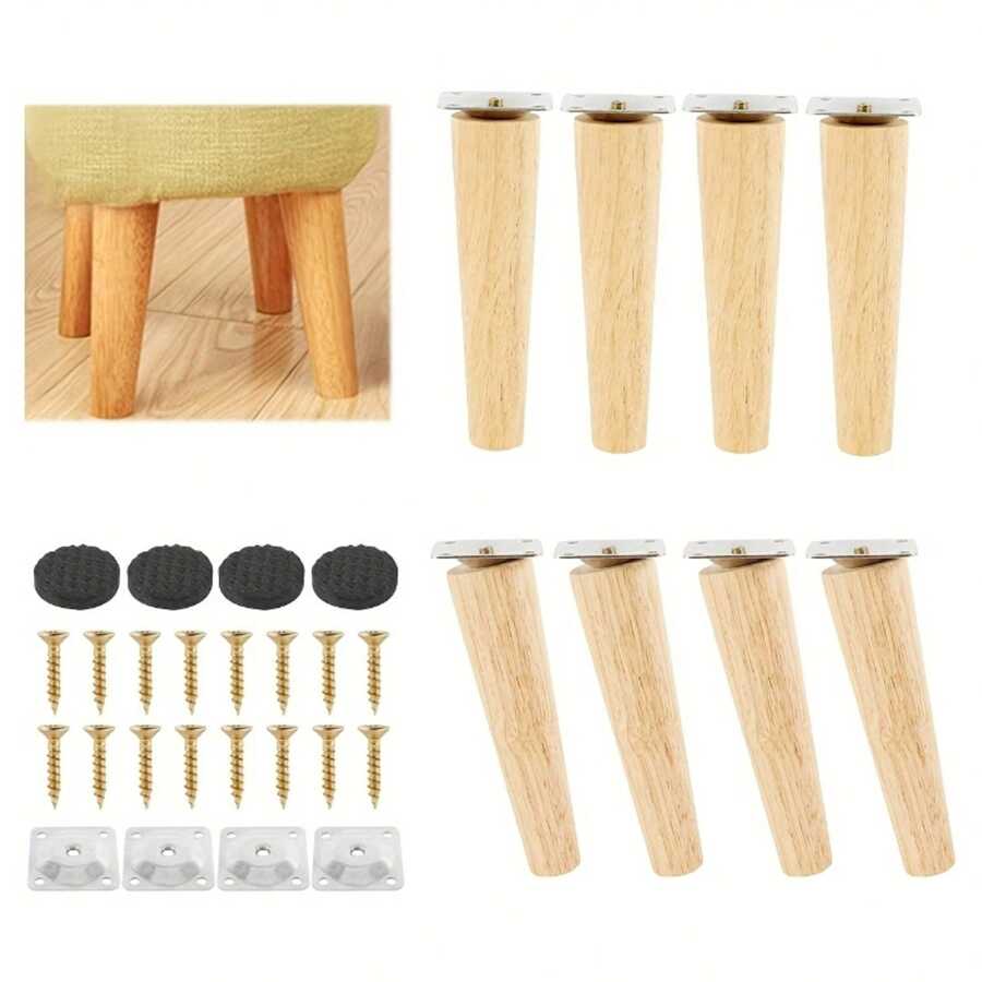 4-Piece Wooden Furniture Leg Set - Natural Wooden Chair Legs, Straight/Bevel Style, 4 Base Plates, 4 Non-Slip Pads And 16 Screws For Armchairs, Dressers, Sofas, Tables.