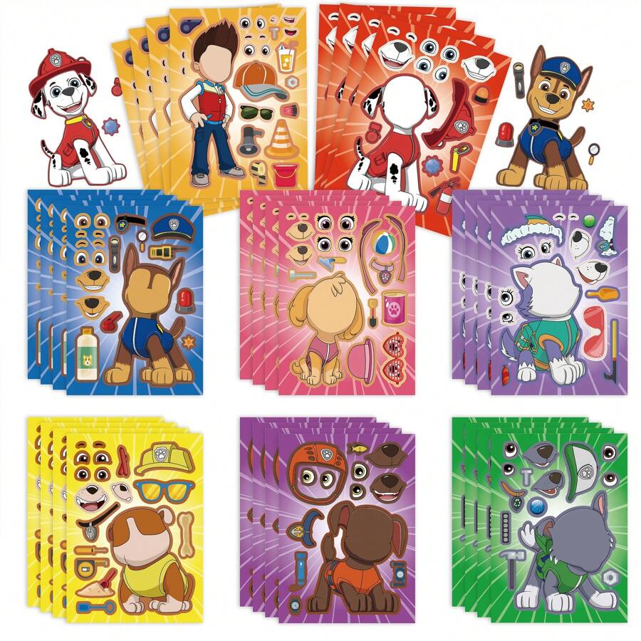 Paw Patrol 8 hojas de pegatinas de Patrulla Canina con el personaje Ryder, kit para hacer caras divertidas con el personaje Chase, juego de rompecabezas de pegatinas DIY, regalo de cumpleaños