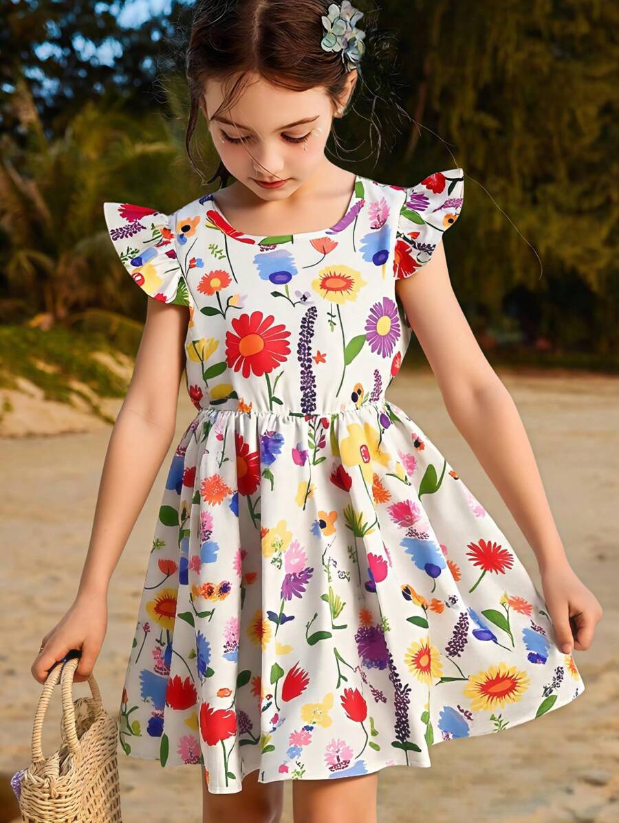 Seven Princess 1 pièce Robe d'été décontractée et confortable pour filles, à imprimé floral, col rond, manches courtes, taille cintrée et coupe évasée