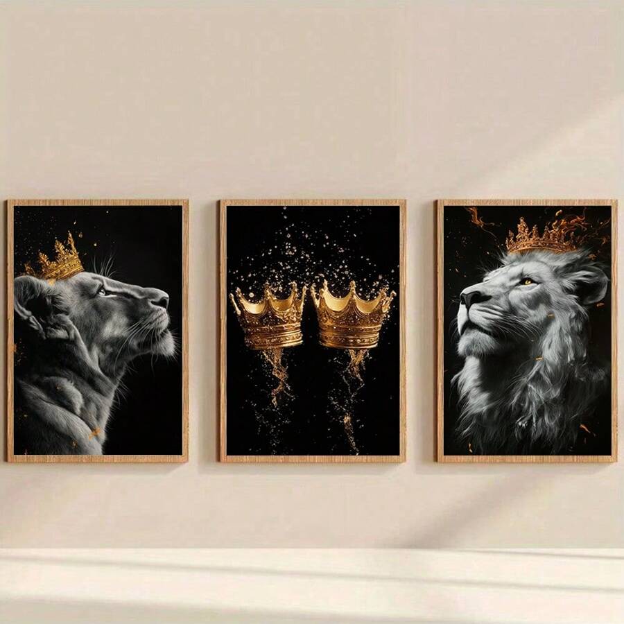 3-delige set Golden Crown & Lion Couple Lovers Canvas Prints, moderne abstracte wandkunst, prints - zonder lijst, dierenposters, eigentijdse woondecoratie voor woonkamer, slaapkamer, kantoor en meer, zonder lijst
