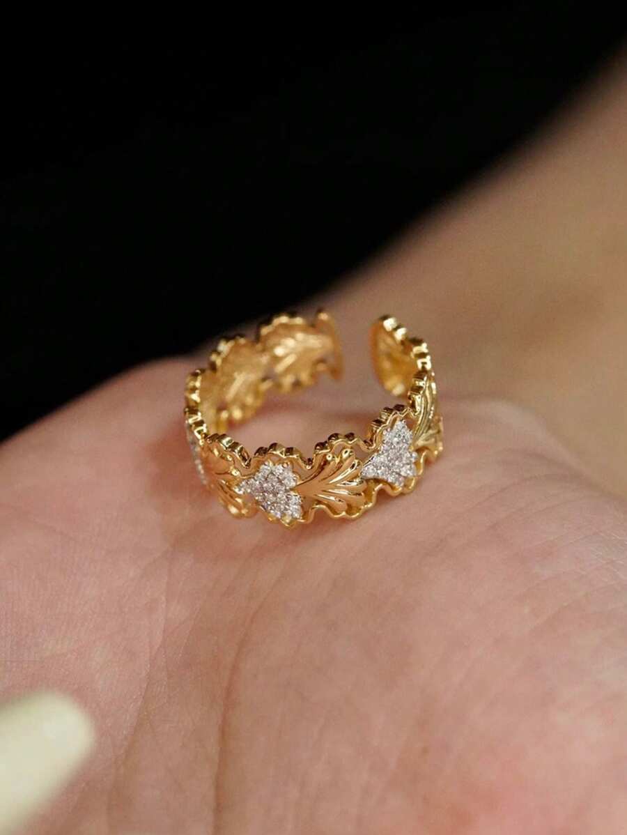 1pc S925 Sterling Silver Lace Leaf Hollow Zirconia Elegant Adjustable Ring, Versatile Jewelry Gift, Suitable For Women's Daily Wear, Parties, And Holidays