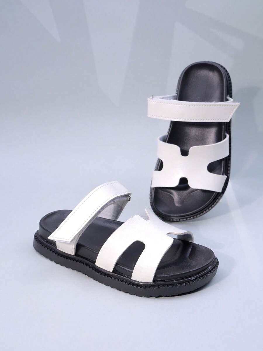 1 Pair Children Simple Two-Tone Leather Comfortable Lightweight Double-Strap Design Flat Casual Sandals, Suitable For Daily Wear And Vacation