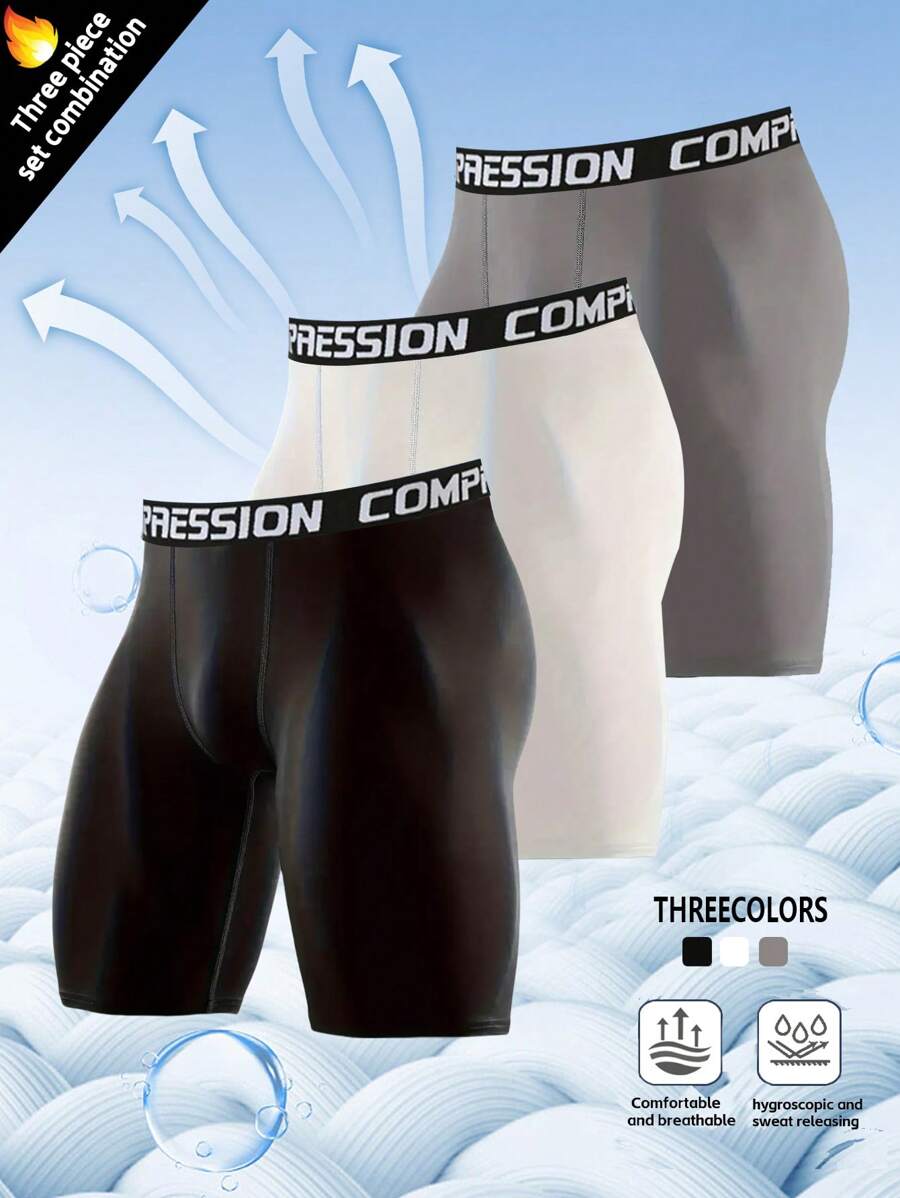 3pcs Men's Plus Size Athletic Shorts, High Stretch Suitable For Running, Swimming, Cycling, Sports Compression Bermuda