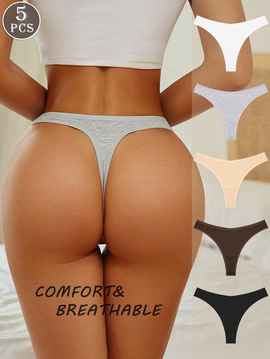 5pcs Women's Solid Color Cotton Breathable Sexy Comfortable Thong Panties