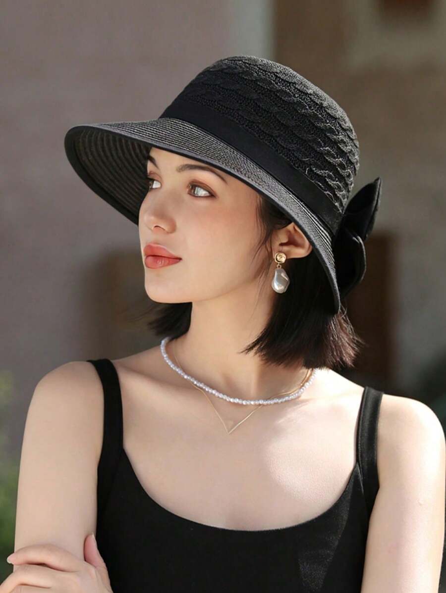 1 pièce Chapeau de paille de protection solaire d'été pour femmes - Chapeau à large bord simple et à la mode, casquette de soleil polyvalente avec nœud décoratif, convient pour la protection solaire d'été