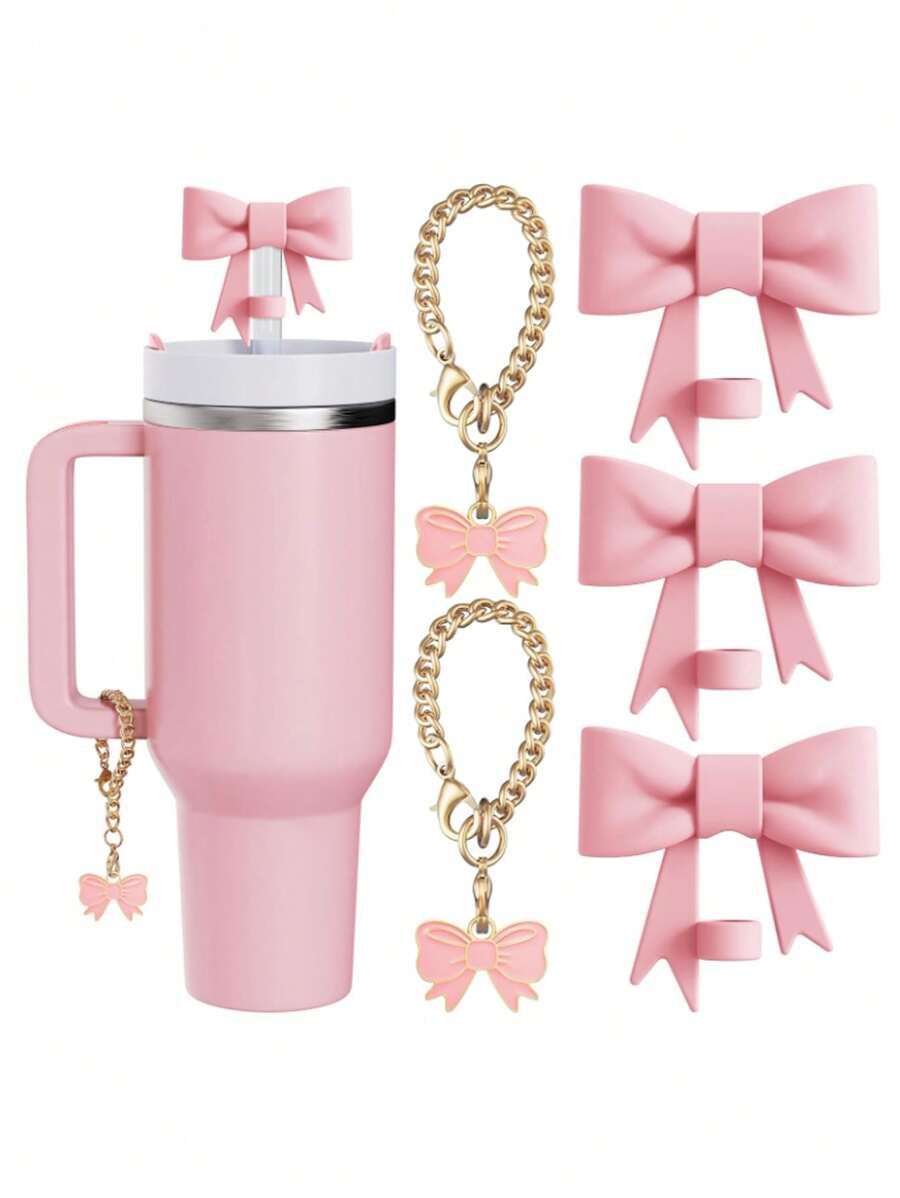 Kompatibel mit Cup-Zubehör – 3 Stücke 10-mm-Strohhalmaufsätze mit Schleife, kompatibel mit der Strohhalm-Abdeckkappe des Cups, 2 Stücke weiße Schleifenanhänger für 30- und 40-oz-Becher mit Griff, mehrere Farbkombinationen erhältlich