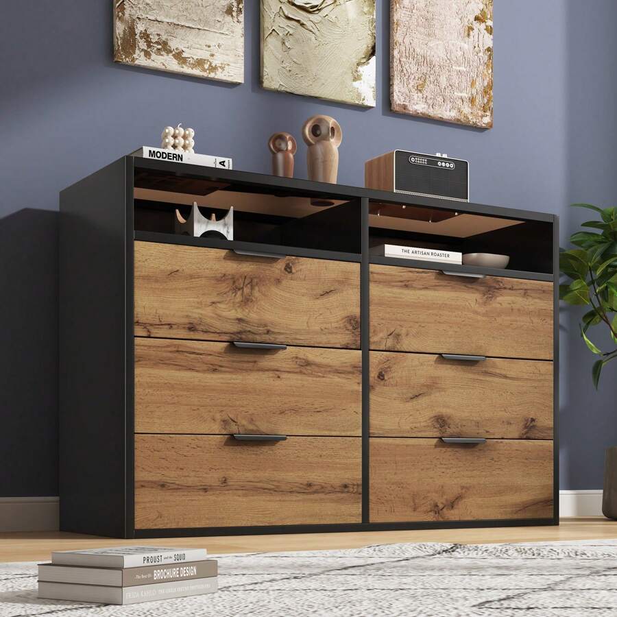 Sideboard With High-Quality Glass And Wood Veneer, 6 Drawers, Stable Structure, Easy To Clean