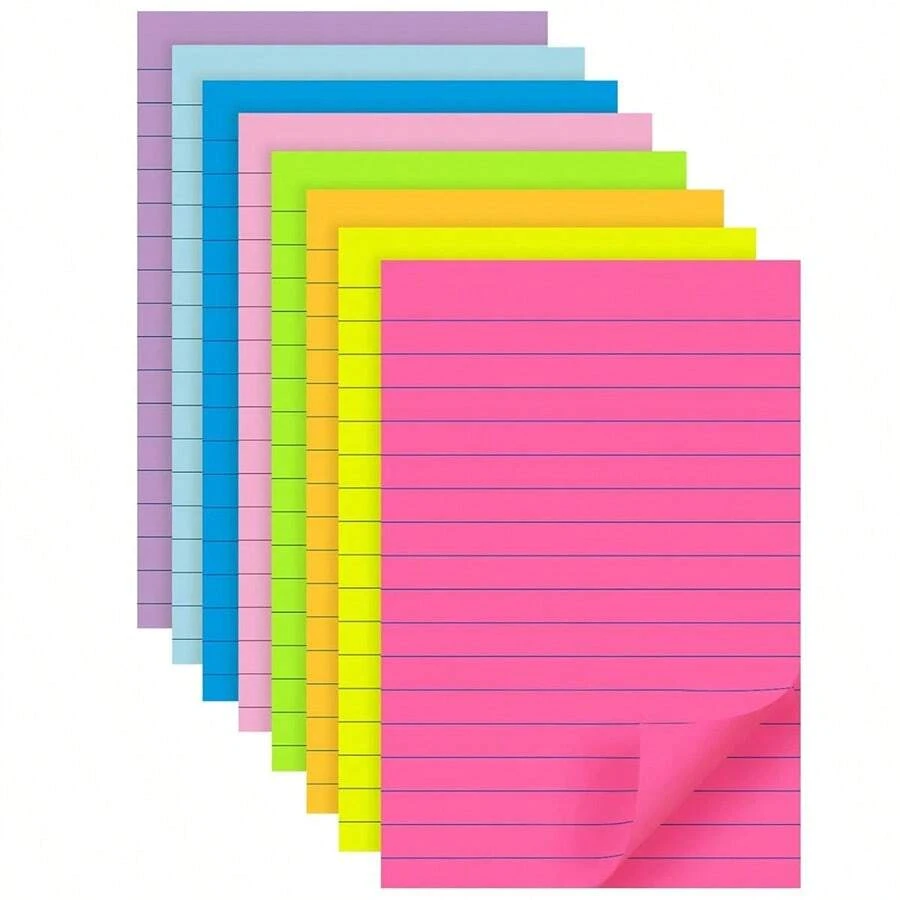 (8 Pad) notes adesive rigate 4x6 pollici, 8 colori, note adesive brillanti e rettangolari di grandi dimensioni per ufficio, casa, scuola, riunioni, 40 fogli/blocchetto, forniture scolastiche, back to school