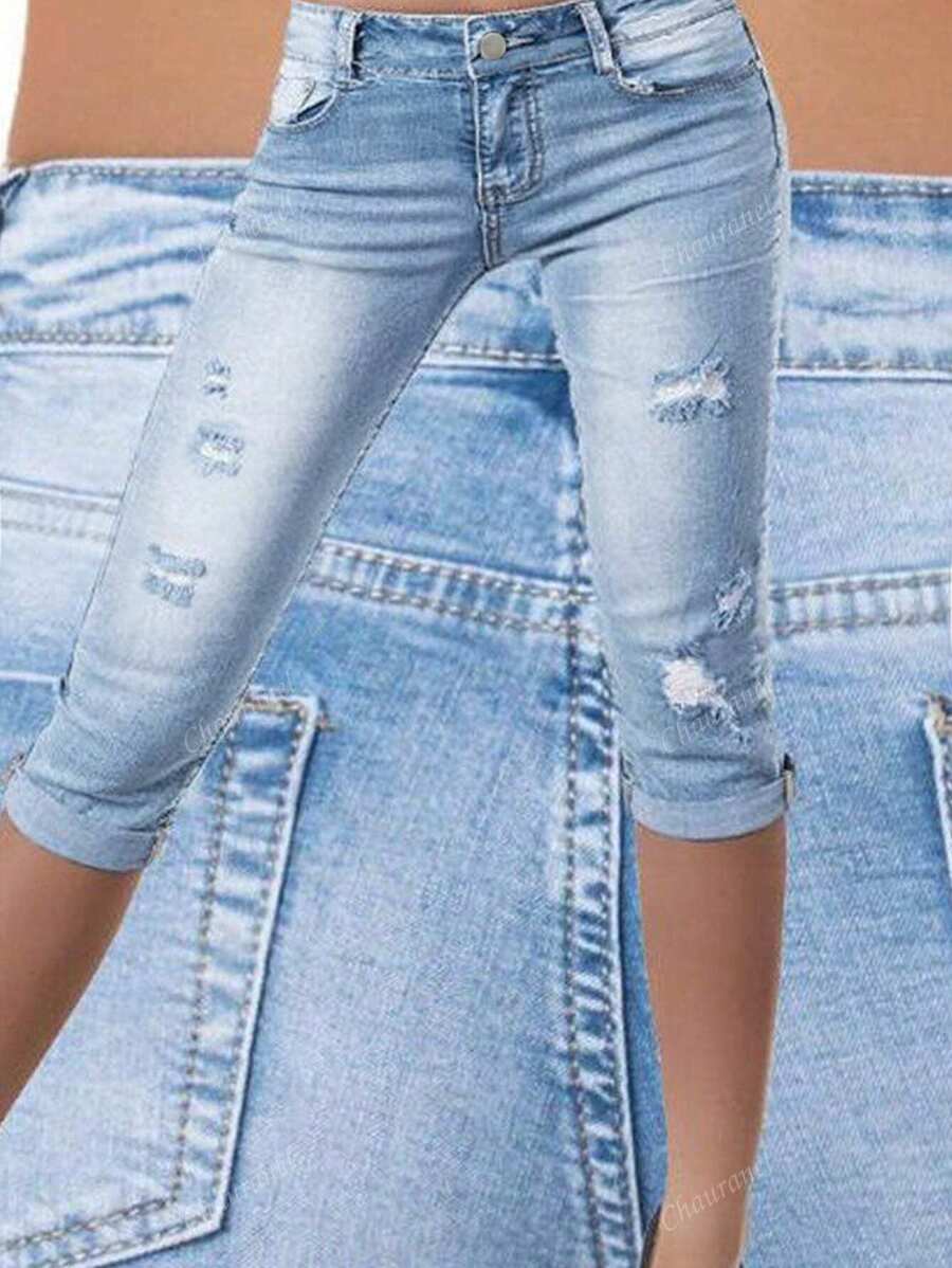 Women's Elegant Casual Ripped Cuffed 7/8 Length Jeans, Suitable For Commuting And Outings In Autumn