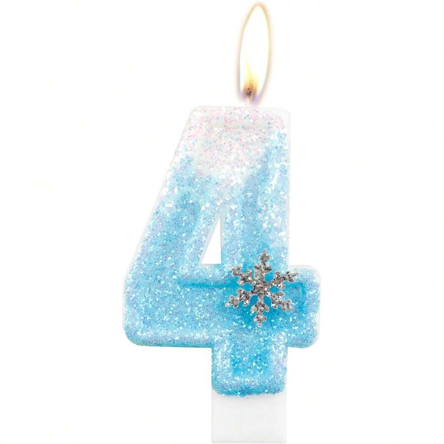 Bougies d'anniversaire Frozen, bougies chiffrées 4 en paillettes pour 4ème anniversaire, bougies chiffrées 4 en forme de flocons de neige pour gâteau, bougies et décorations de gâteau thème Frozen bleu et blanc pour fête d'anniversaire de fille, fournitures de fête