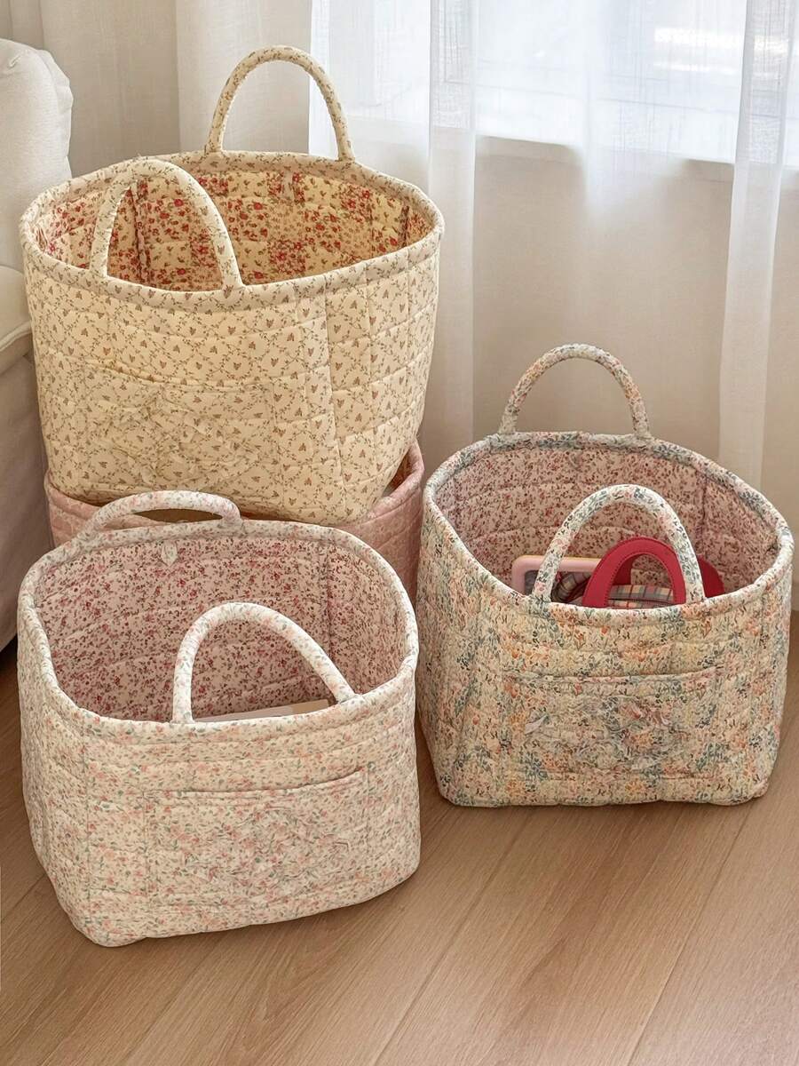 Cesta de lavandería de tela con estampado de flores pequeñas, grande, cuadrada, de asa blanda, con estilo rústico y elegante, para almacenar ropa sucia, artículo del hogar esencial para mujeres, adecuado para todo el año, organizador de armario y almacenamiento para dormitorio.
