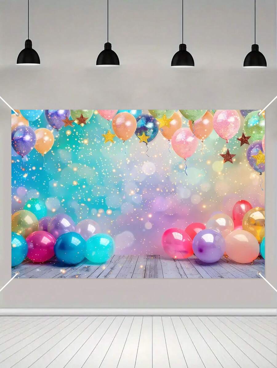 1pc 150*100cm Color Balloon Pattern Polyester Background Cloth, Color Balloon Theme Birthday Babe Shower Party Room Wall Background Decoration, Family Holiday Party Home Backdrop Decoration, Indoor Outdoor Fence Banner Decoration Hanging Cloth Fabric, Photography Props, Party Favor