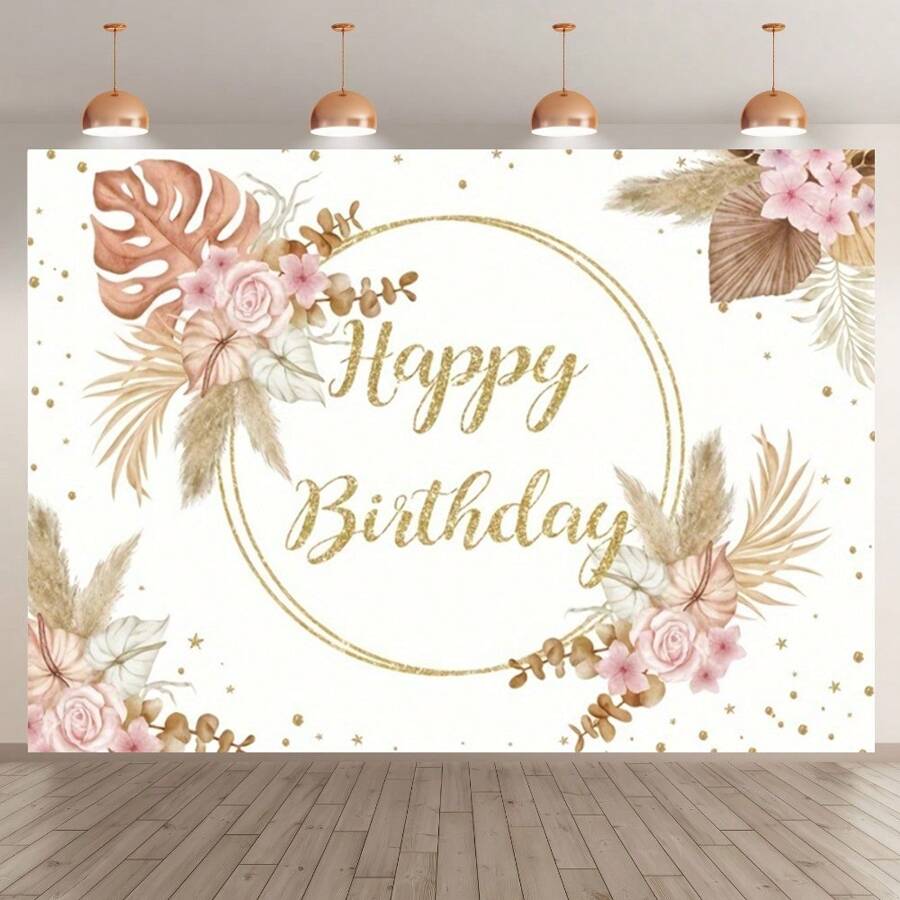A Piece Of Birthday Background Boho Pampas Floral Gold Dot Background Party Decoration Banner For Theme Decoration, Birthday Party Decoration, Indoor And Outdoor Decoration Background Wall