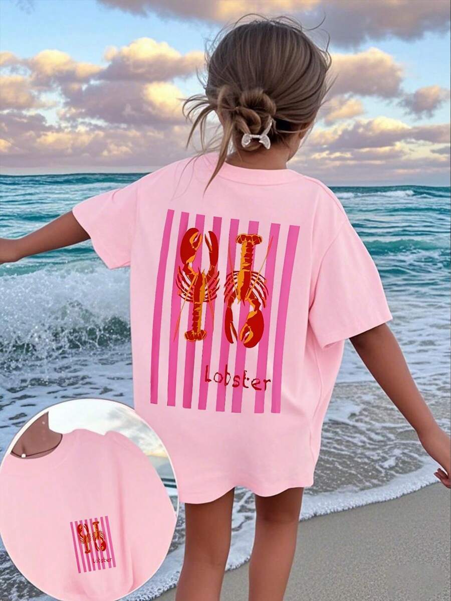 1 pieza Camiseta de manga corta con estampado de langosta tropical para niñas preadolescentes, ropa juvenil para estudiantes, adecuada para jugar en la playa