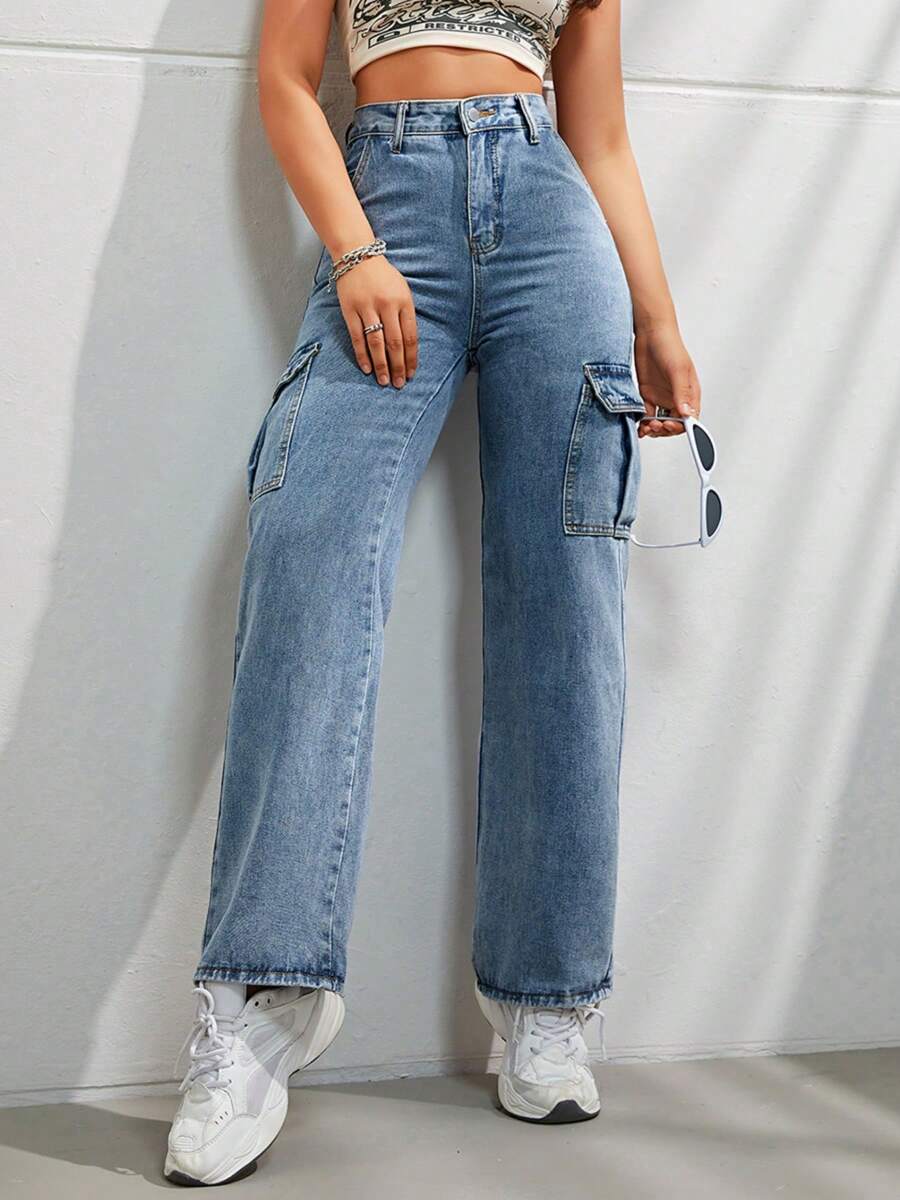 Calça Cargo Denim Casual e Estilosa com Vários Bolsos para Uso Diário Feminino