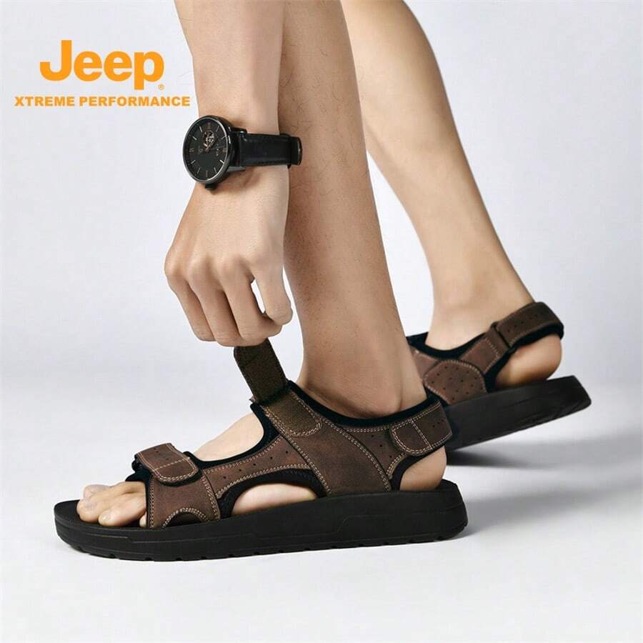 Jeep 1 Pair Summer Brand Men's Outdoor Sandals, Dual Hook And Loop Design, Fashionable Appearance, Breathable , Comfortable & Versatile, Suitable For Summer Outings