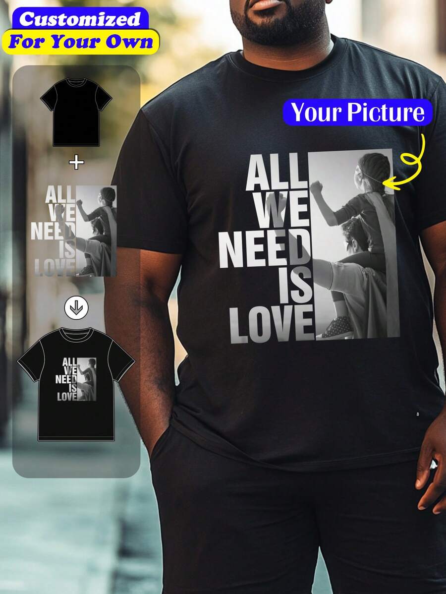Customized Personalized Loose Round-Neck Dog Cat Pet Memorial Gift Plus Size Men's Casual T-Shirt - Add Your Own Images (Family Photo/Selfie/Pet Photo/Friend Photo/Lover Photo/Girlfriend Photo/Gifts/Logo For Couples/Customizable Tee For Husband Or Boyfriend Or Girlfriend) And Your Text To Design Your Personalized Printed T-Shirt Father's Day