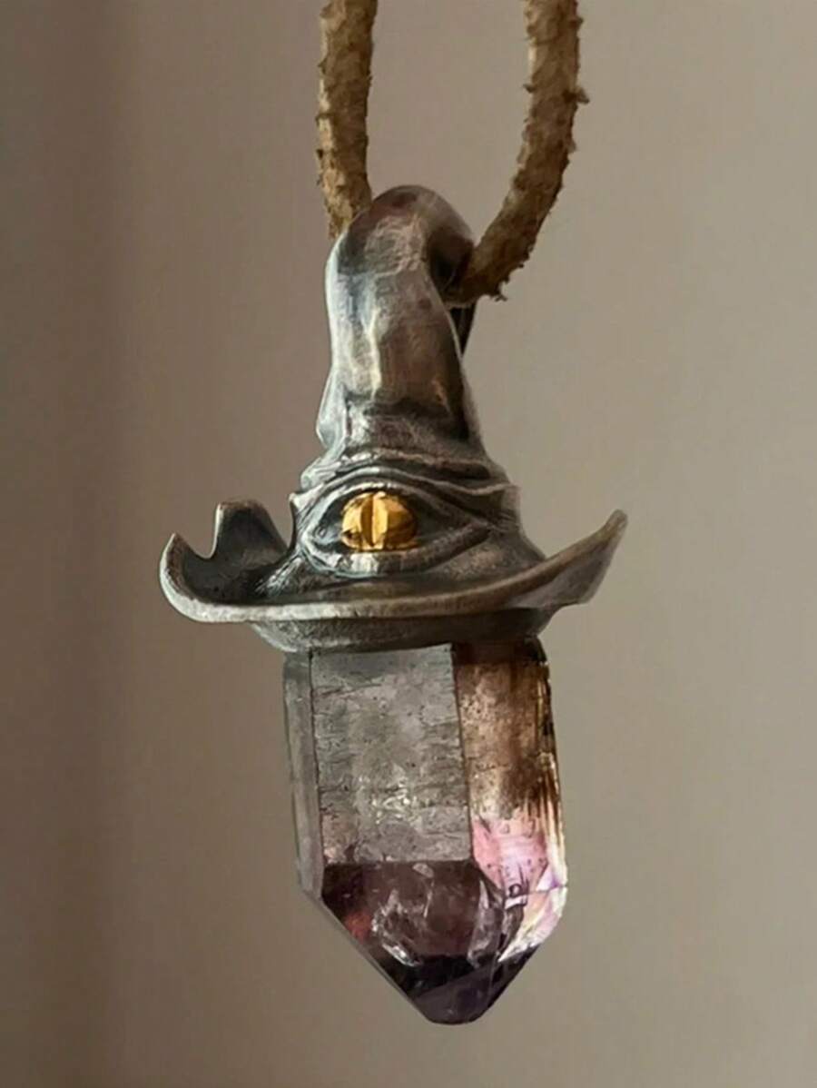 1pc Women Exclusive Vintage Hexagonal Pillar Pendant Necklace With Natural Stone Witch Hat Charm, Simple Personalized Choker For Halloween Party