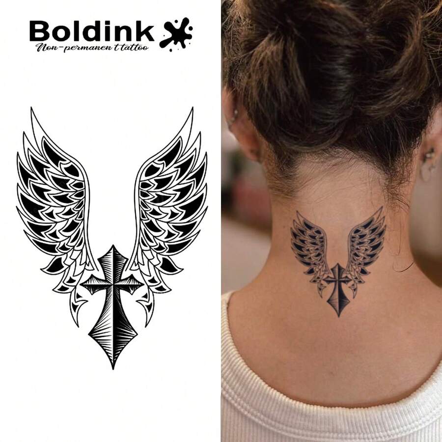 Boldink Tatuaje temporal Boldink - Diseño de cruz de flecha con alas | Patrón europeo y americano elegante | Duración natural de 1-2 semanas | Acabado mate, sin reflejos | Estilo oculto detrás de la oreja | Esencial para la cultura callejera