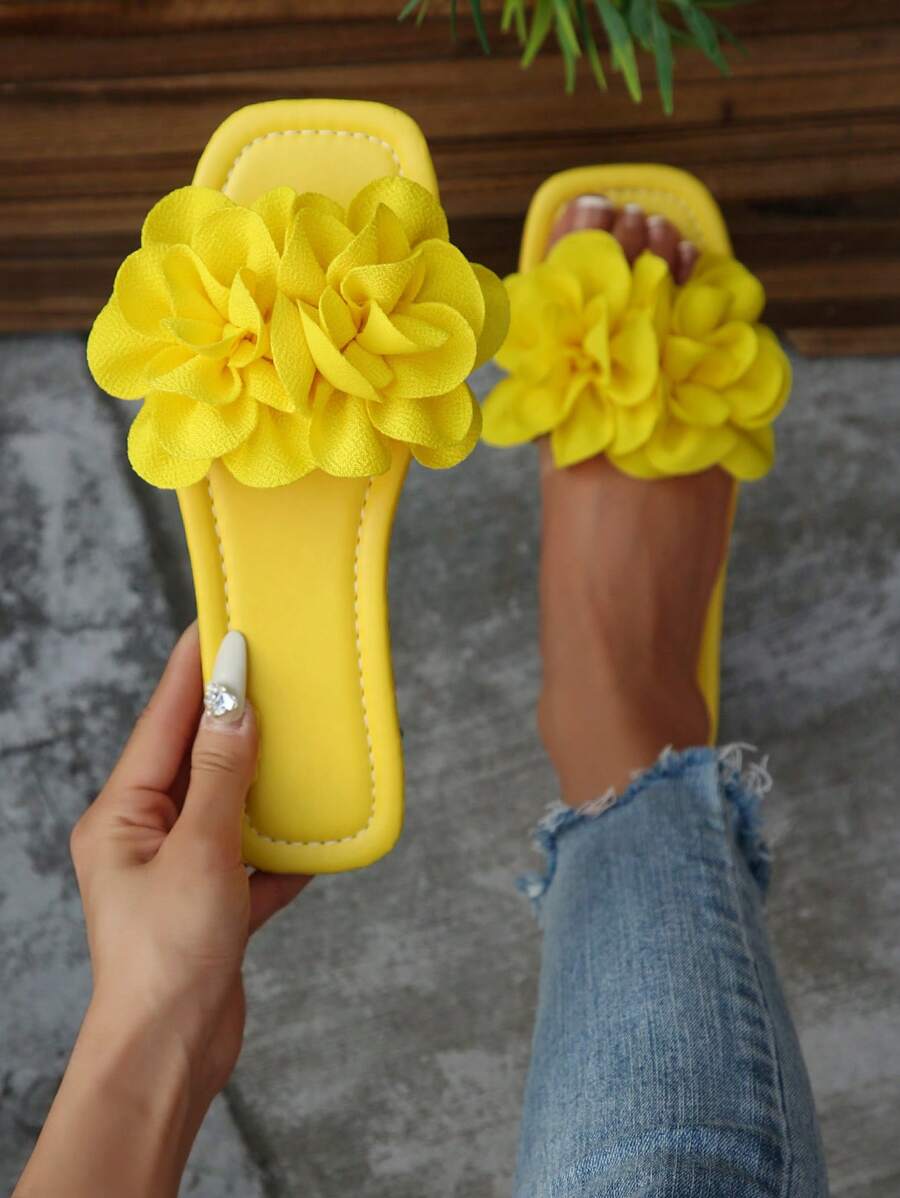 French Elegant & Soft Floral Slide Sandals For Women, Open Toe Strap, Suitable For Dating, Daily Wear, Home, Casual, Beach