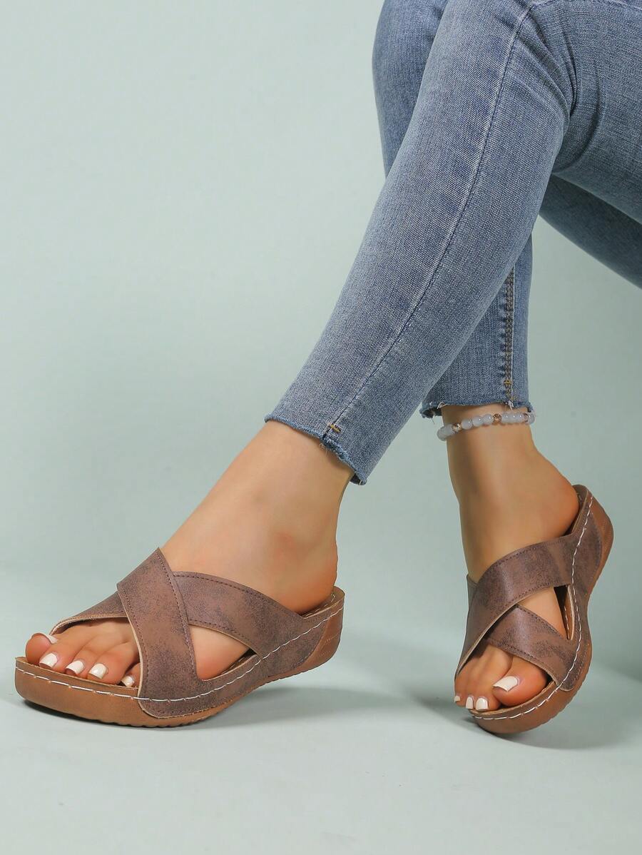 Women's Platform Wedge Sandals, Summer New Brown Ladies Fashion Slippers/Sandals, Crossover Strap Casual Open Toe Slides/Roman Shoes Beach Shoes, Suitable For Holiday, Travel, Shopping, Party, School
