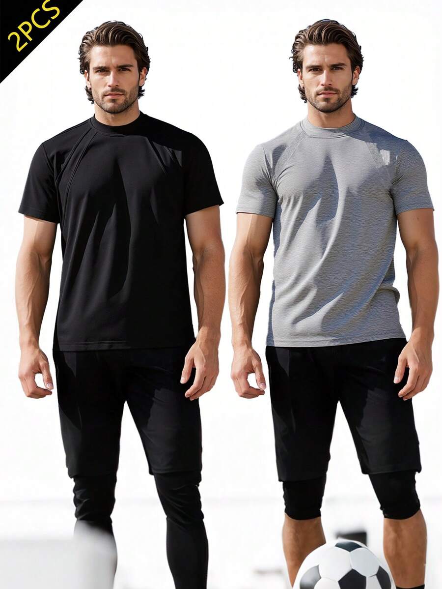 2pcs Classic Grey & Black Short Sleeve T-Shirts, Summer Quick Dry Breathable Soft Comfortable Fabric, Suitable For Casual & Sports Occasions