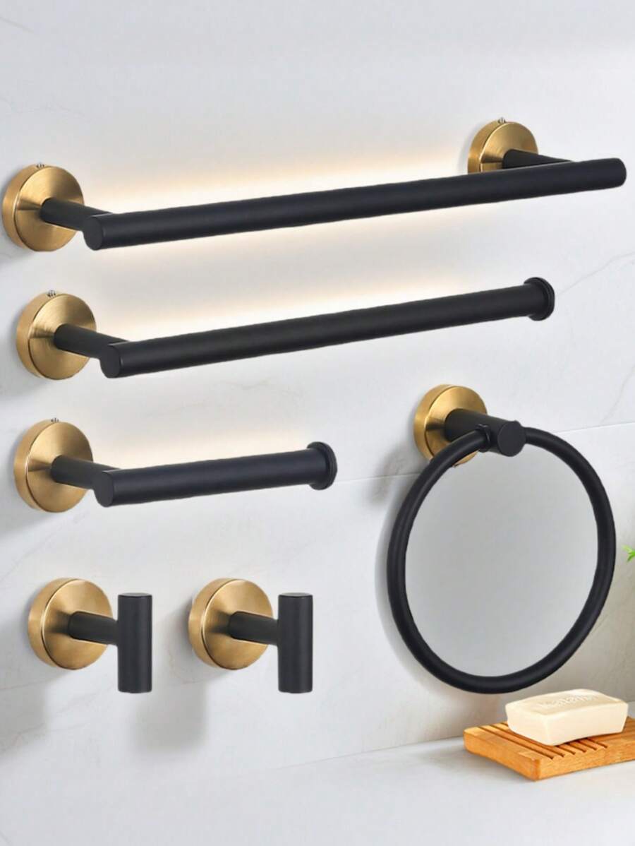 1pc Bathroom Organizer Accessory Set With Towel Bar, Towel Ring, Toilet Paper Holder, Hooks, Multi-Function Storage Hangers Home Bathroom Decor Bathroom Accessories Bathroom Organizer Fall Decor Back To School
