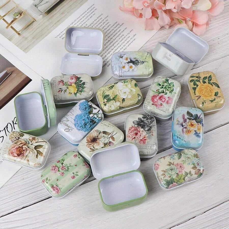 1set Miniature Floral Tin Boxes - Decorative Metal Jewelry Organizers With Hinged Lids, Compact Trinket Storage Containers, Ideal For Mother's Day Gifts, Small Party Favors, And DIY Crafts