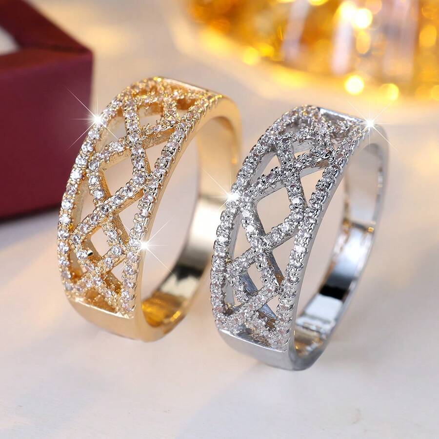 1 Peça Anel Feminino Elegante de Cristal com Design Geométrico Vazado, Presente