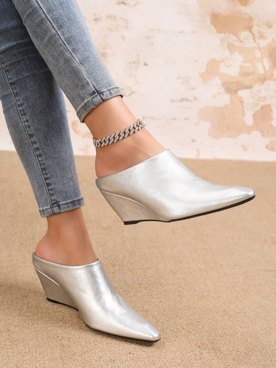 Mules mit offenem Rücken für Damen, europäischer Stil, weiches Leder, quadratische Zehenkappe, Keilabsatz, hoher Absatz, Schlüpfen