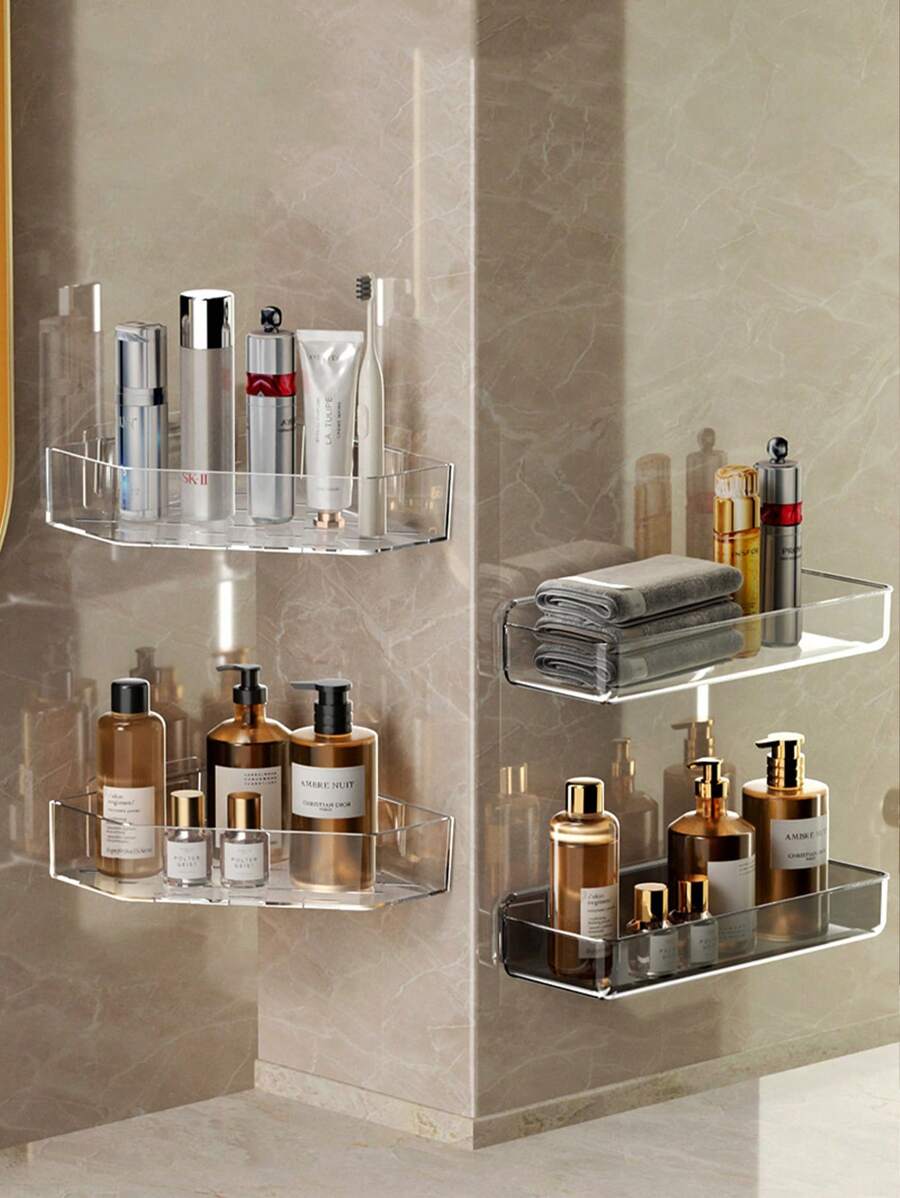 1pc Bathroom Organizer Storage Rack, Adhesive Mounted Without Drilling, Suitable For Large Families, Home Daily Essentials Back To School