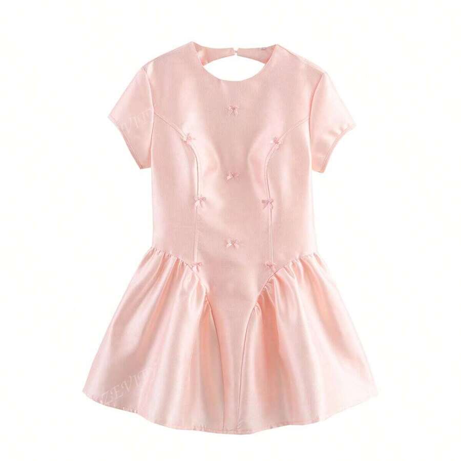 ZEVITY Solid Color Elegant Ruffle Trim Zipper Back Hollow Mini Dress DS2533