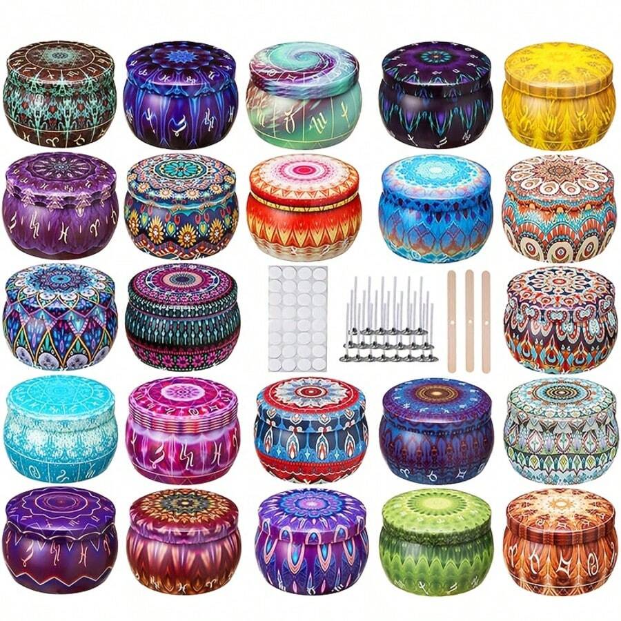 42 Peças/6 Conjuntos Kit de Fabricação de Velas com Potes Estampados, Tampas, Pavios, Adesivos e Suportes - Perfeito para Artesanato DIY, Presentes de Natal e Armazenamento, Suprimentos para Fabricação de Velas