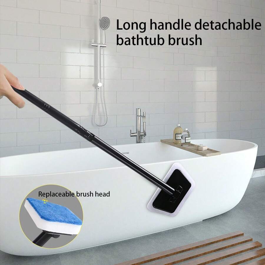 2 Set Of 8pcs Detachable Long Handled Bathtub Brushes (Black+Hite Handle+6 Replacement Sponges) Multi-Purpose Ceramic Tile Sponge Brushes, Glass Cleaning Brushes, Household Floor Brushes