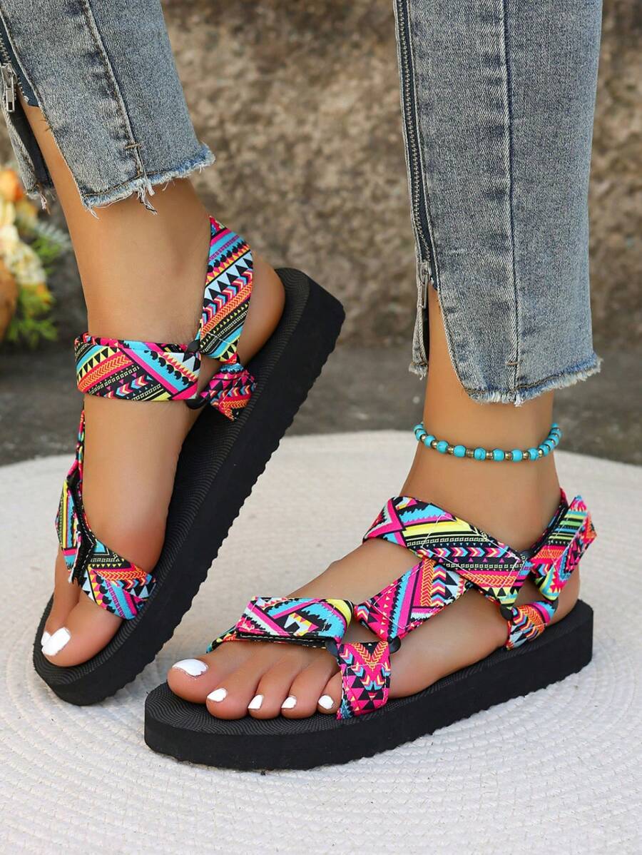 2025 Women's Wide Fit Colorful Print Strap Lightweight Foam Bottom Sandals, Suitable For Home, Leisure And Daily Wear, Summer